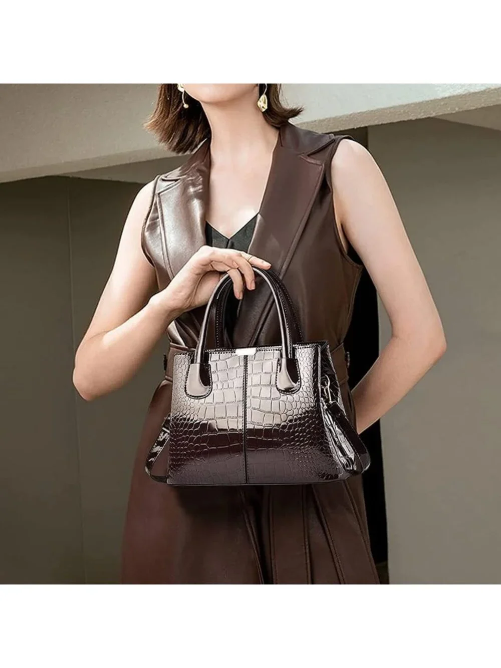 Stylish Patent Leather Crocodile Pattern Shoulder Bag & Tote for Women